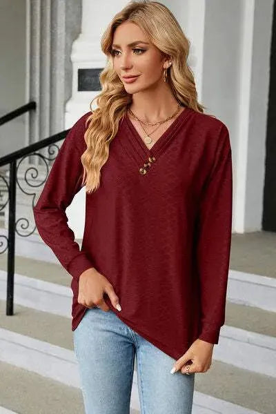 V-Neck Long Sleeve T-Shirt Wine Women's T-Shirts - Tophatter Daily Deals